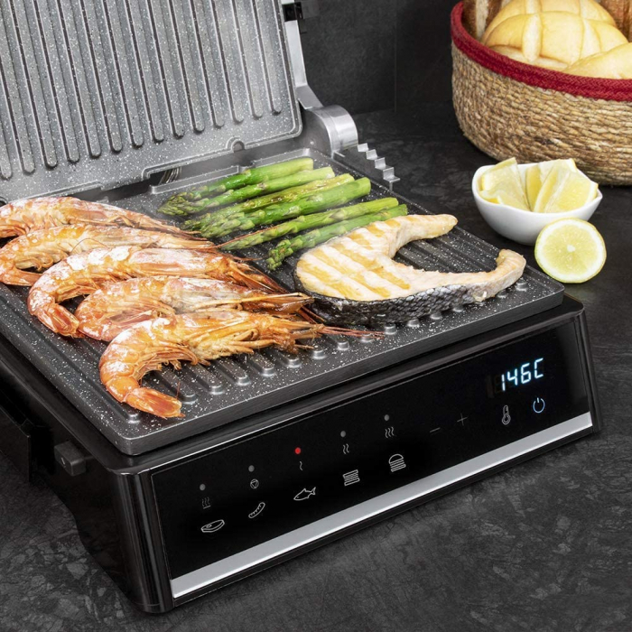 Gratar electric Cecotec Rock nGrill Smart, 2000 W, placi ceramica RockStone 28.5x22.5 cm, deschidere 180 grade, 5 programe automate, Inox Negru [4]