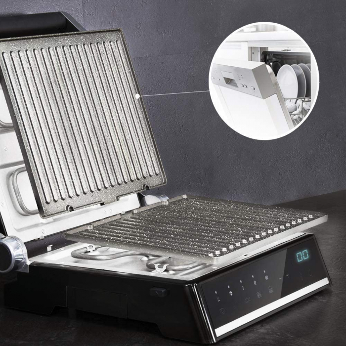 Gratar electric Cecotec Rock nGrill Smart, 2000 W, placi ceramica RockStone 28.5x22.5 cm, deschidere 180 grade, 5 programe automate, Inox Negru [6]
