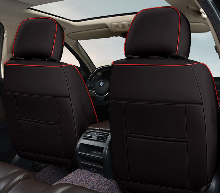 Huse auto premium 5 locuri Carguard Deluxe piele ecologică perforată - negru - rosu [3]