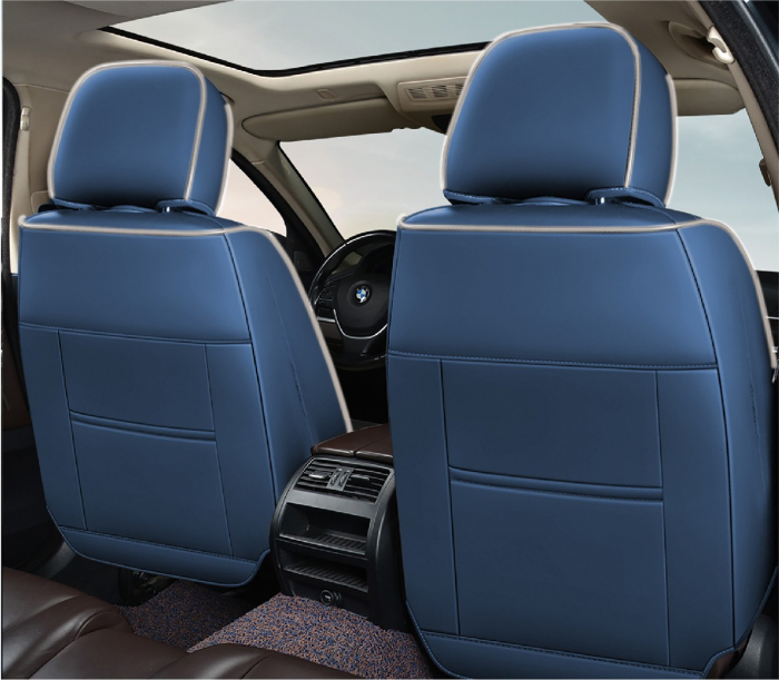 Huse auto premium 5 locuri Carguard Deluxe piele ecologică perforată și textil - albastru - alb [3]