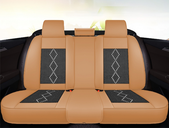 Huse auto premium 5 locuri Carguard Deluxe piele ecologică perforată și textil - maro caramel [2]