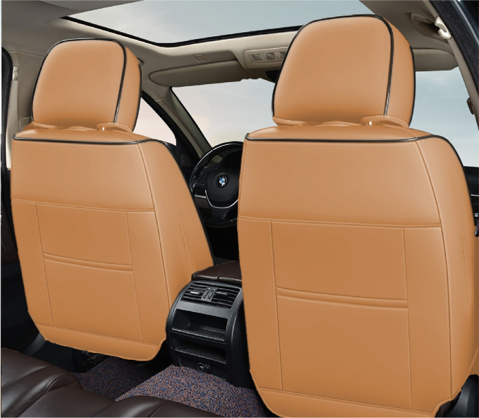 Huse auto premium 5 locuri Carguard Deluxe piele ecologică perforată și textil - maro caramel [3]