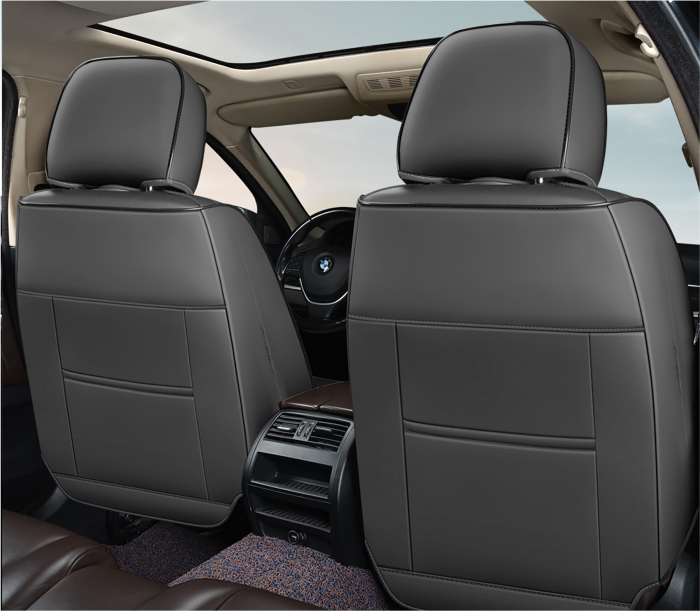 Huse auto premium 5 locuri Carguard Deluxe piele ecologică perforată și textil - negru/gri - alb [3]