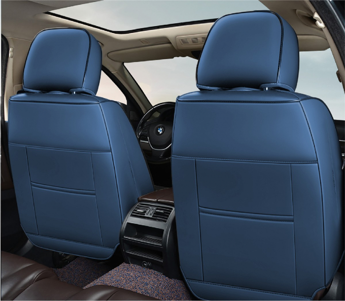 Huse auto premium universale 5 locuri Carguard Deluxe piele ecologică perforată și textil - negru - albastru închis [3]