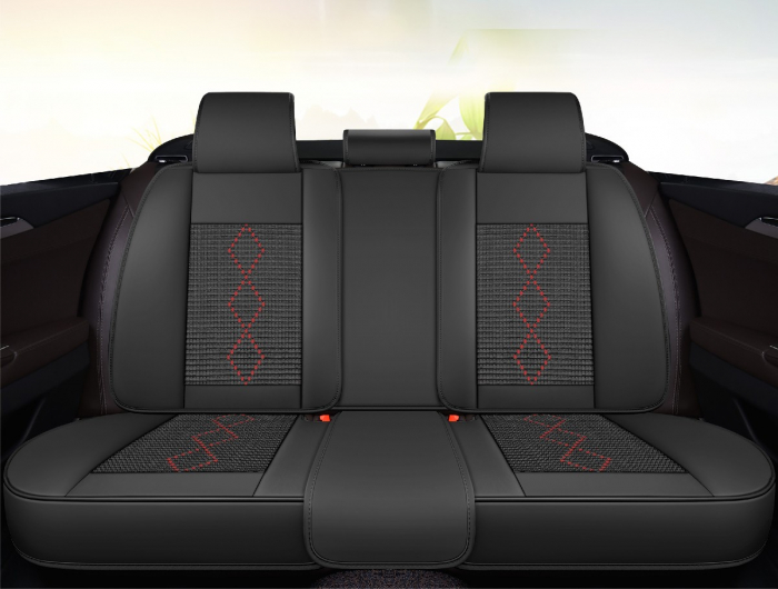 Huse auto premium 5 locuri Carguard Deluxe piele ecologică perforată și textil - negru - rosu închis [2]