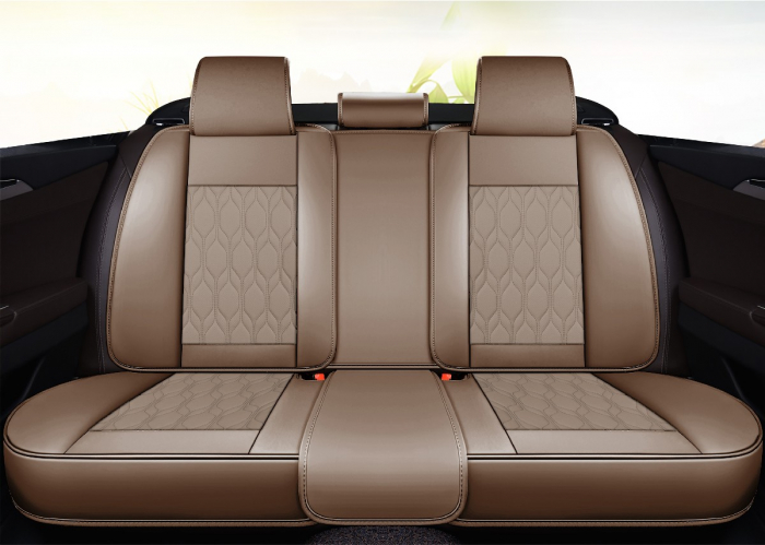 Huse auto premium Carguard Deluxe piele ecologică perforată - maro deschis - crem [3]