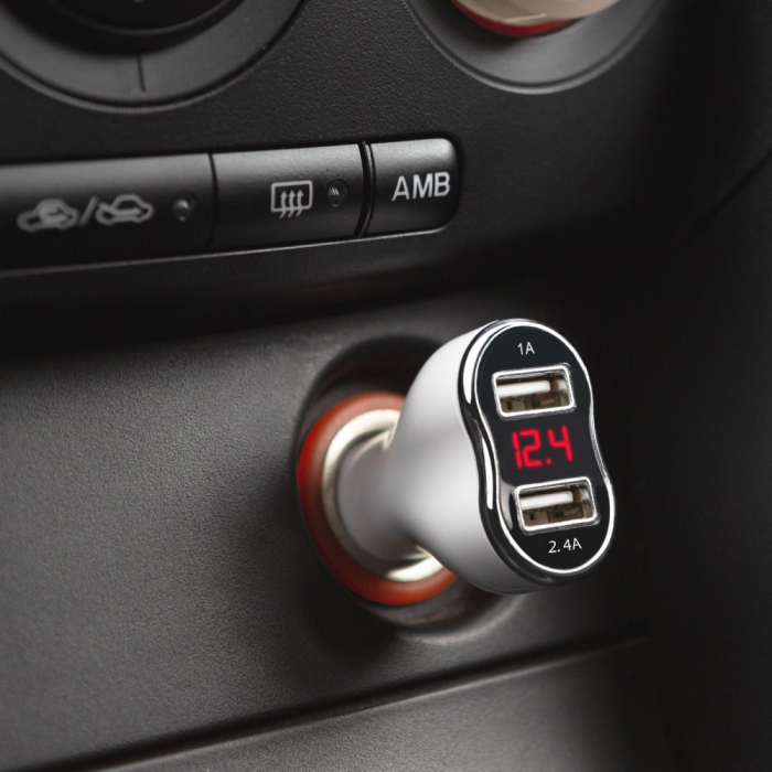 Incarcător bricheta auto telefon - 2 x USB, cu voltmetru DC 12 - 24 V - alb [2]