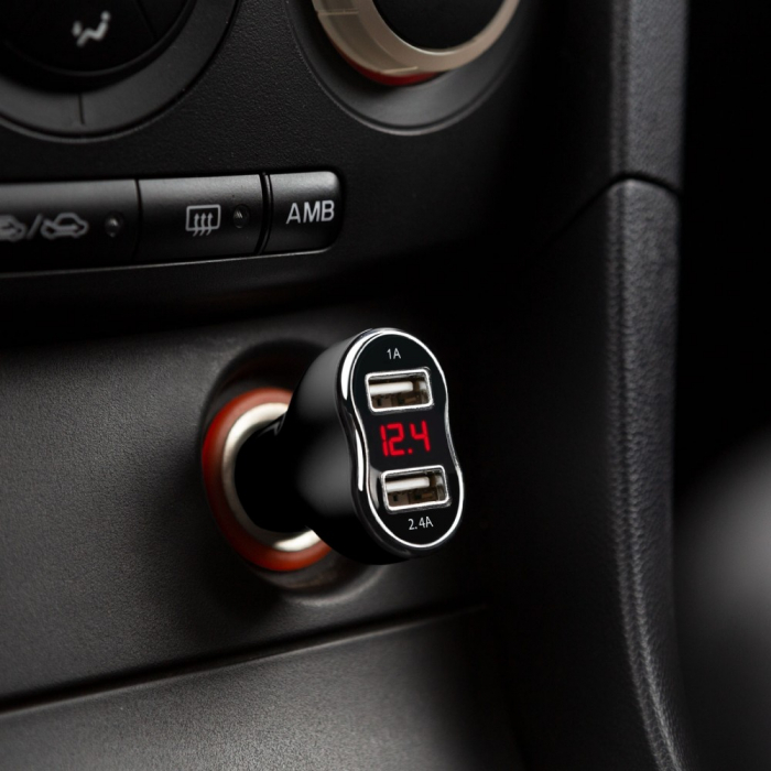 Incarcator bricheta auto - 2 x USB, cu voltmetru DC 12 - 24 V - negru [2]