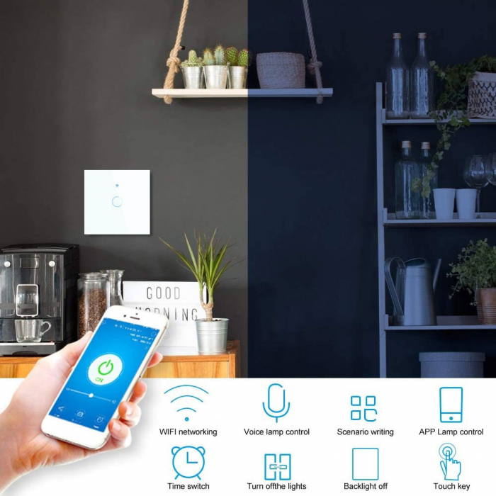 Intrerupator Smart cu Touch Rovo FN1C, 1 canal, Sticla Securizata, Tuya, Life Smart, RF 433MHz, Alexa si Google Assistant, fara nul [2]