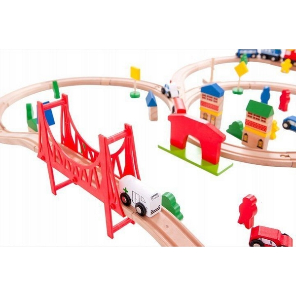 Joc Circuit din lemn, ECOTOYS HM014665, cu trenulet si masinute, 90 de elemente [4]