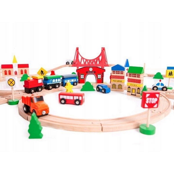 Joc Circuit din lemn, ECOTOYS HM014665, cu trenulet si masinute, 90 de elemente [5]