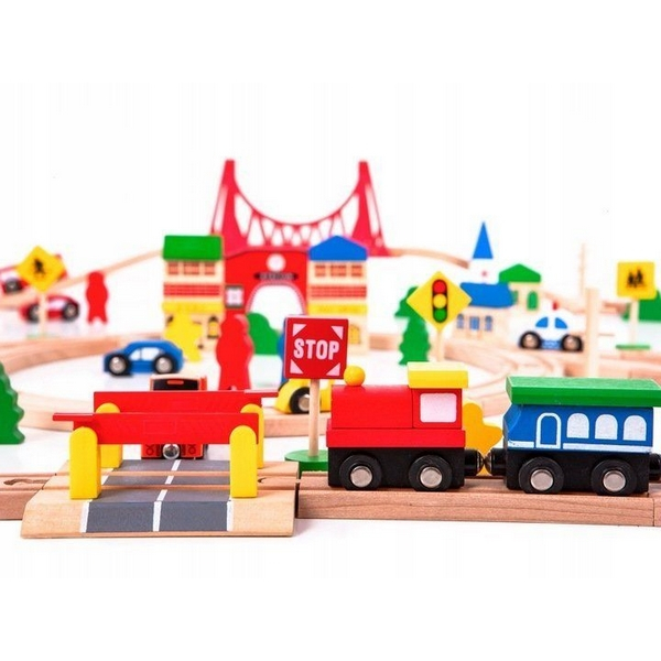 Joc Circuit din lemn, ECOTOYS HM014665, cu trenulet si masinute, 90 de elemente [3]