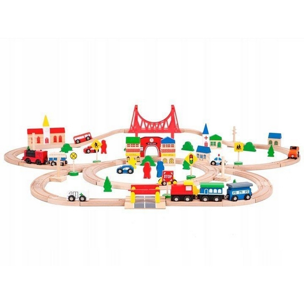 Joc Circuit din lemn, ECOTOYS HM014665, cu trenulet si masinute, 90 de elemente [2]