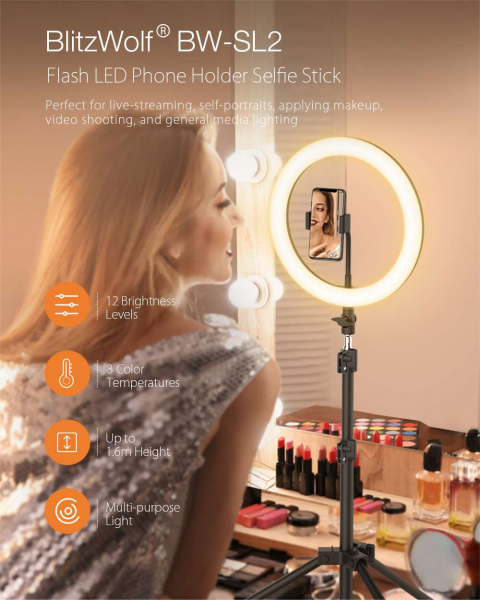 Lampa Circulara LED BlitzWolf BW-SL2 Make up Profesionala, Ring Light 120 Leduri cu Lumina Rece Calda [2]