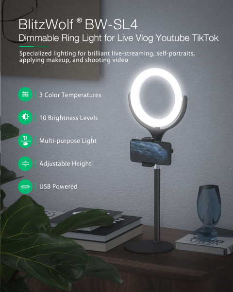 Lampa Circulara LED BlitzWolf BW-SL4 Make up Profesionala, Ring Light 64 Leduri cu Lumina Rece Calda Tip Inel [6]