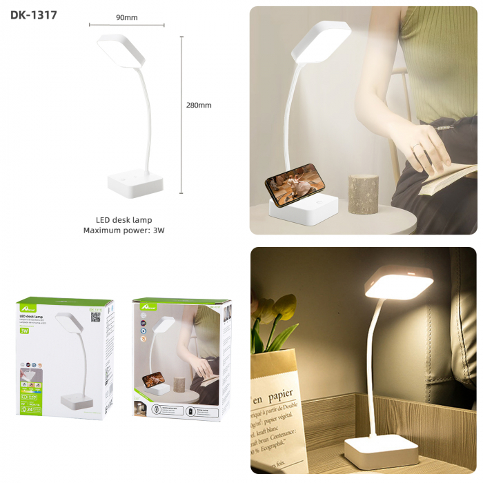 Lampa LED birou Home DK-1317, Acumulator 1200mAh, Control touch, 3 moduri, USB, 3W [4]