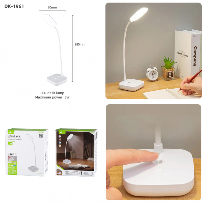 Lampa de birou LED Home DK-1961, Acumulator 1200mAh, Control touch, 3 moduri, Incarcare USB-C, 3W [5]