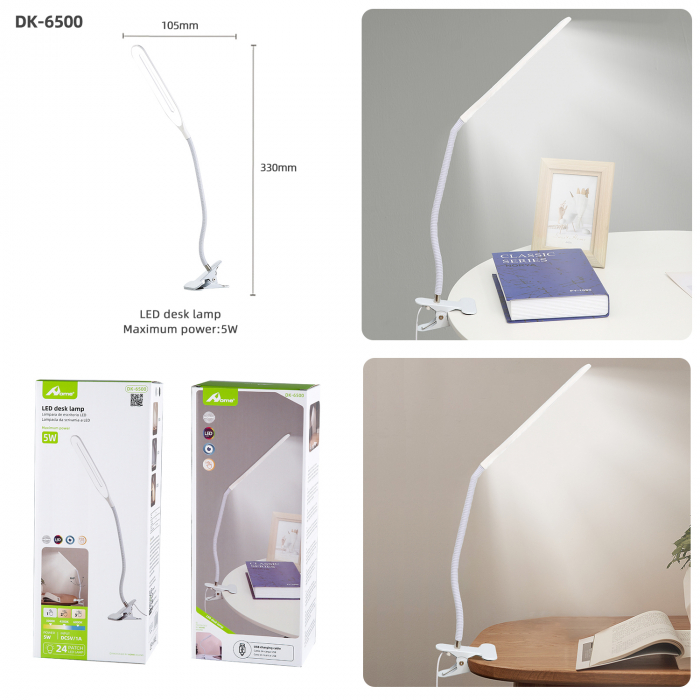 Lampa birou LED Home DK-6500, cu clema prindere, brat flexibil, USB, Lumina alba, 5W [5]