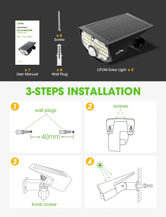 Lampa solara de perete LITOM LTCD199, LED, 30 leduri, incarcare solara si senzor de miscare [2]