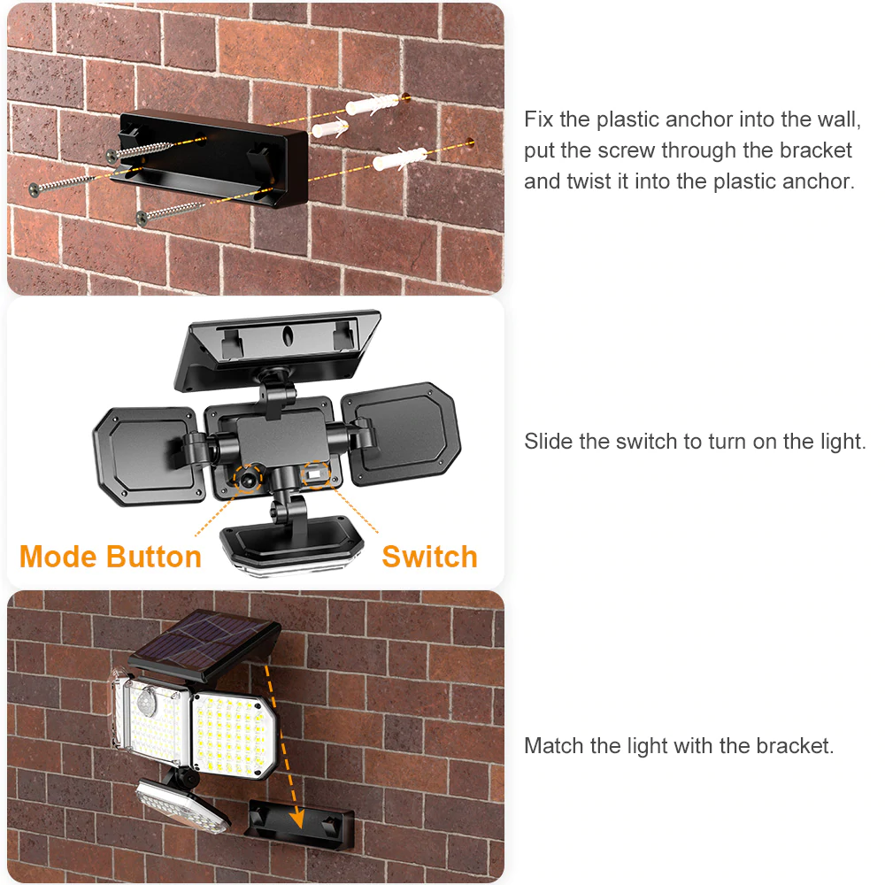Lampa solara de perete MustWin, 1400lm, LED, 182 leduri,3 moduri, incarcare solara si senzor de miscare [4]