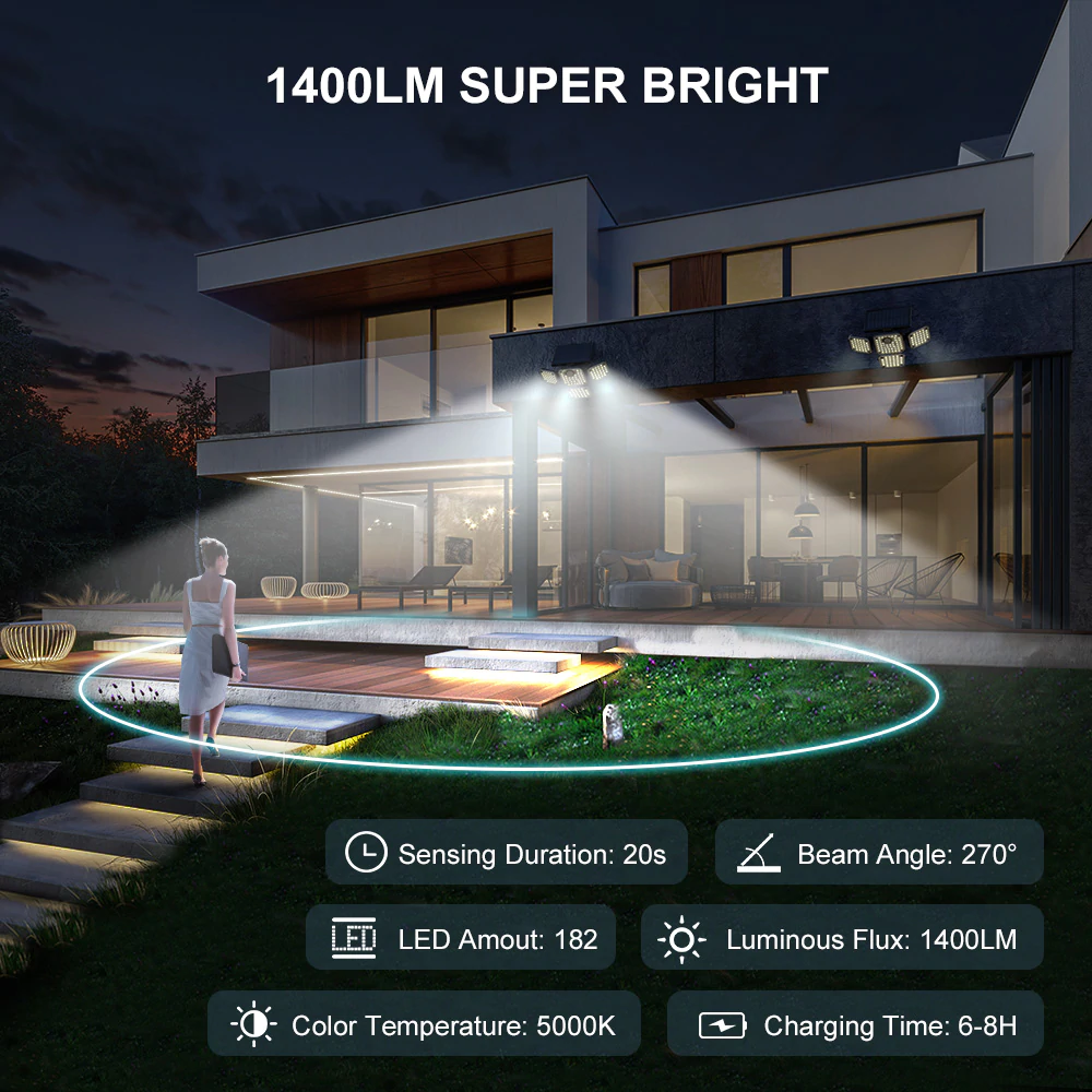 Lampa solara de perete MustWin, 1400lm, LED, 182 leduri,3 moduri, incarcare solara si senzor de miscare [6]