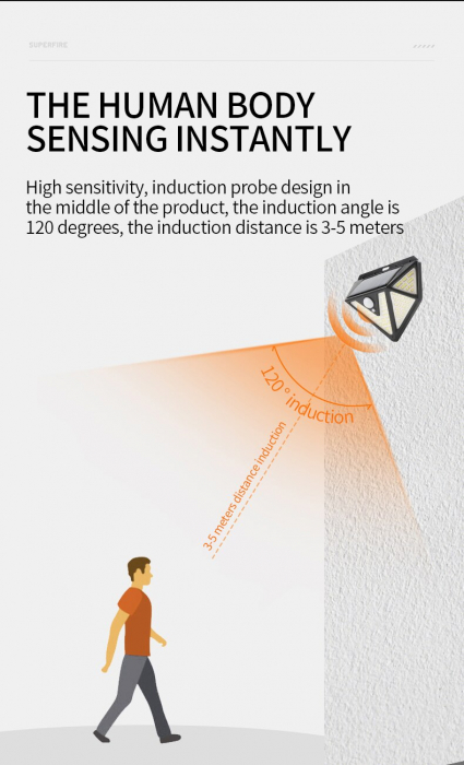 Lampa solara perete Superfire FF6-B, 33W LED, 166leduri, 3 moduri, 1200mAh, senzor de miscare [7]