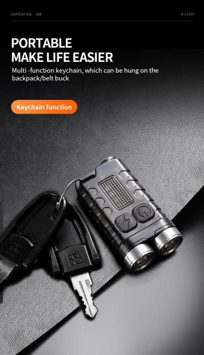 Lanterna de buzunar tip breloc Superfire EM01, 800lm, 500mAh, USB C, lumina de urgenta [5]