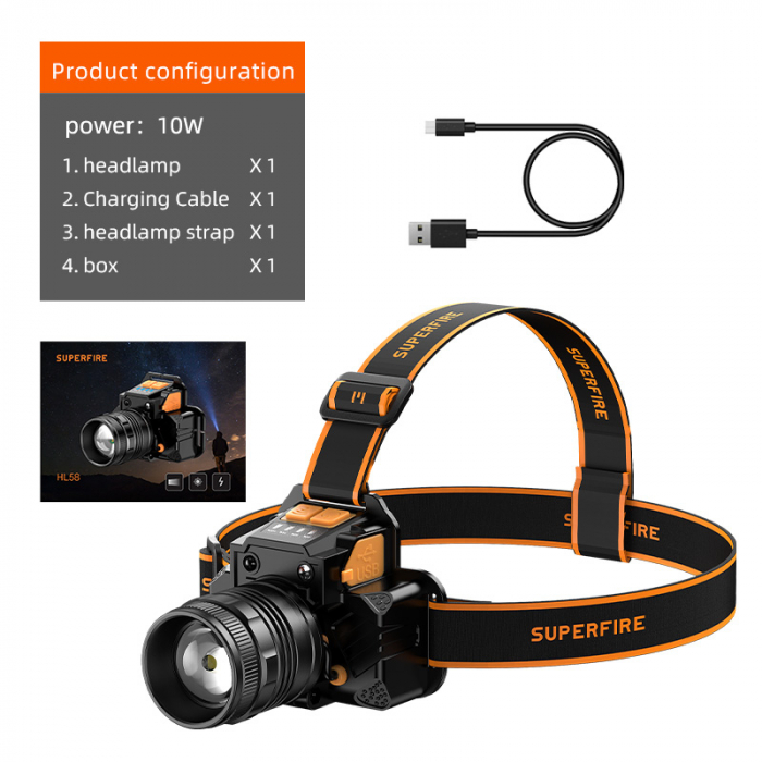 Lanterna LED pentru cap Superfire HL58, Zoom, 350lm, 230m, 2400mAh, control miscare mana, incarcare USB-C [6]