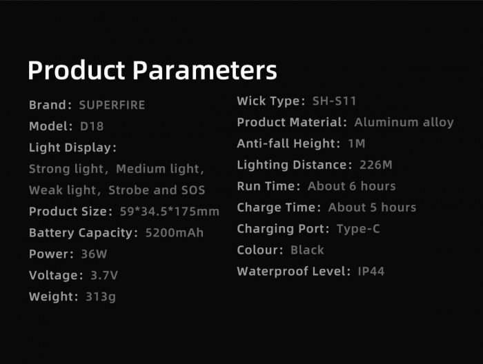 Lanterna LED Superfire D18, 2000lm, 226M, 5200mAh, incarcare USB-C, 36W [5]