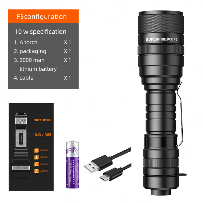 Lanterna LED SupFire F5 cu Zoom, 10W, 1100 lm, 5 moduri, rezistenta la apa, incarcare USB, Negru [2]