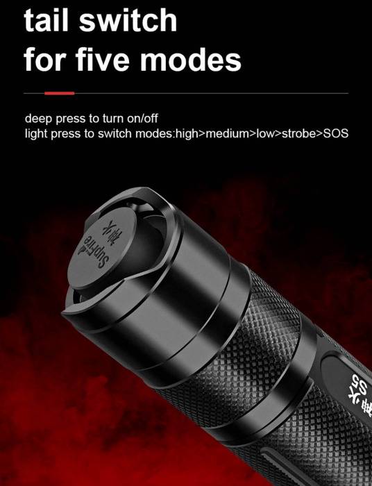 Lanterna LED Supfire S5, 220lm, 300m, incarcare USB, Negru [5]