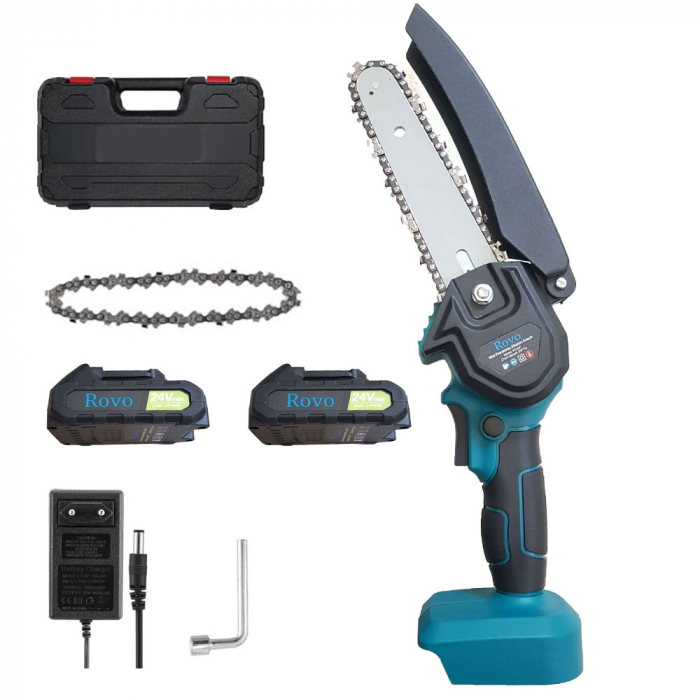 Mini drujba electrica cu lant Rovo RV-MF, 6 inch, 24V, 2000mAh, 2 acumulatori, 2 lanturi [2]