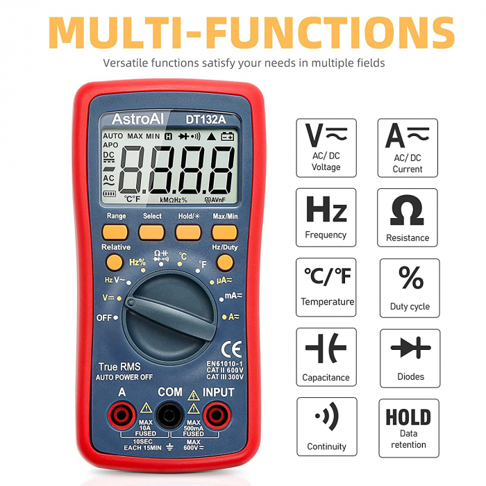 Multimetru digital AstroAI DT132A, TRMS 4000 Counts, Tensiunii, Curent, Rezistent, Continuitate, Auto-Range, Hold, Temperatura [3]