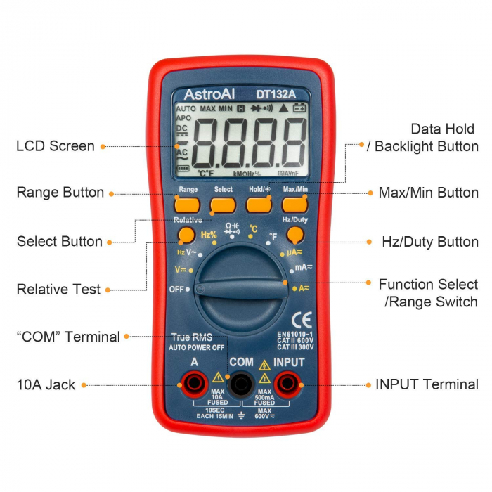 Multimetru digital AstroAI DT132A, TRMS 4000 Counts, Tensiunii, Curent, Rezistent, Continuitate, Auto-Range, Hold, Temperatura [4]