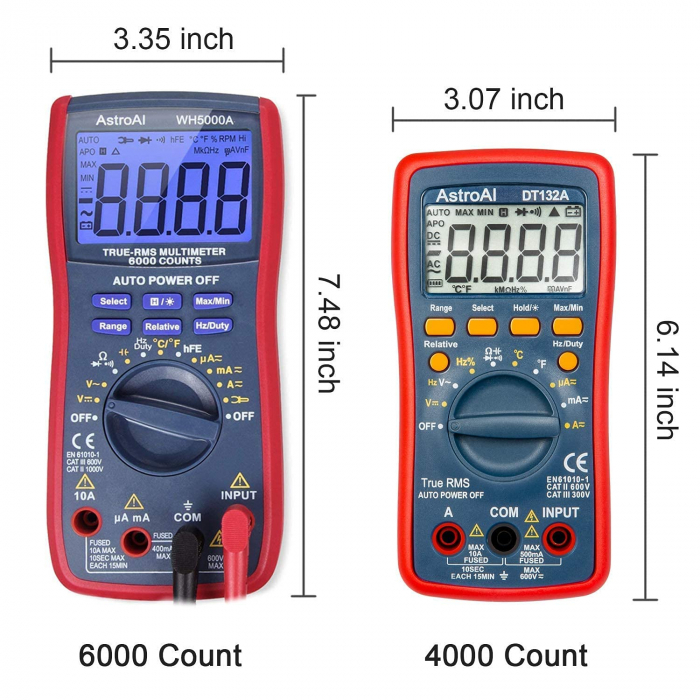 Multimetru digital AstroAI DT132A, TRMS 4000 Counts, Tensiunii, Curent, Rezistent, Continuitate, Auto-Range, Hold, Temperatura [6]
