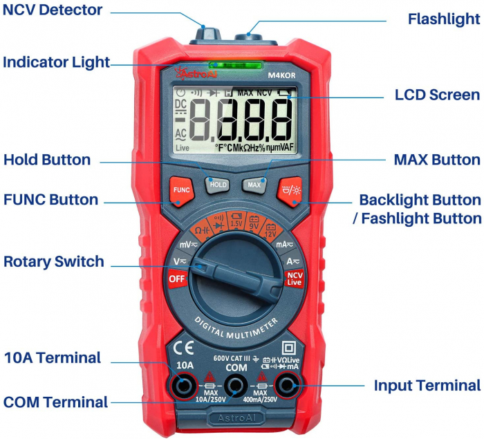 Multimetru digital AstroAI M4KOR, TRMS 4000, Ohmmetru, Voltmetru 1,5V 9V 12V, Masurare fara contact, Lanterna [3]