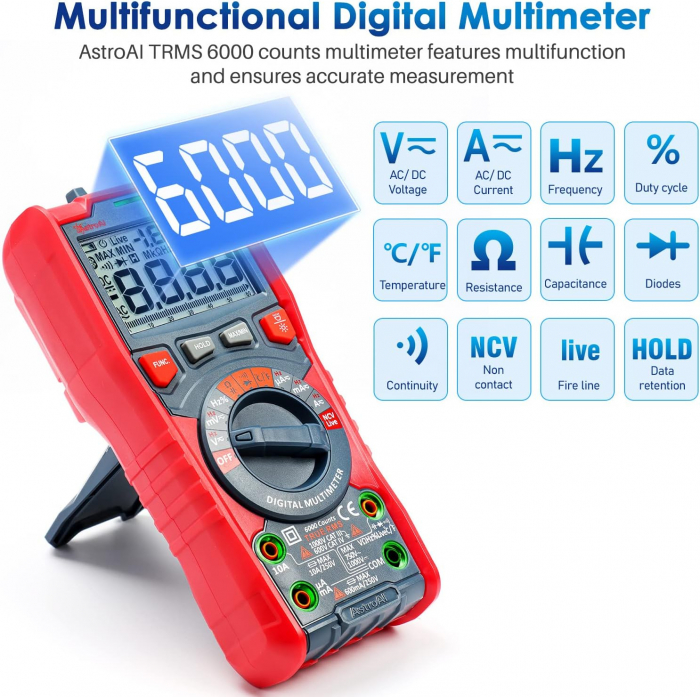 Multimetru digital AstroAI M6KOR, TRMS 6000, test automat AC/ DC, rezistenta, capacitate, temperatura, dioda, NCV [2]