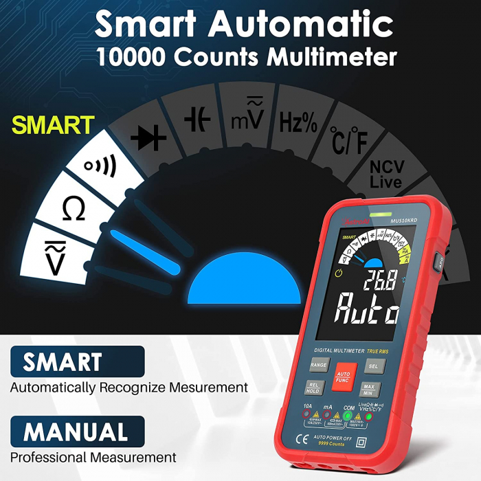 Multimetru digital AstroAI MUS10KRD, 10000 Counts, Smart Auto, TRMS Auto-Ranging, Display Color, Masurare continuitate, Temperatura, Geanta transport [3]