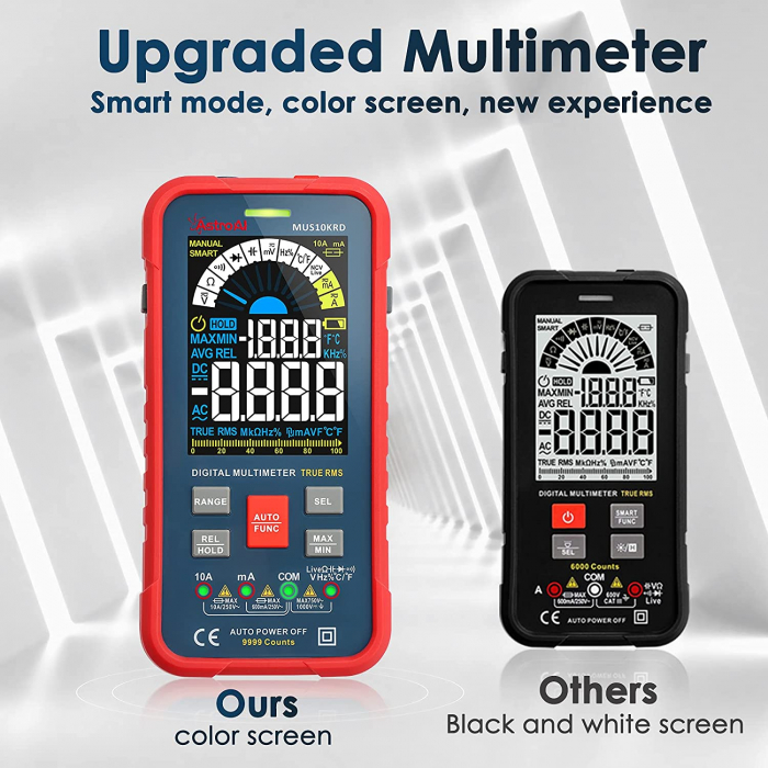 Multimetru digital AstroAI MUS10KRD, 10000 Counts, Smart Auto, TRMS Auto-Ranging, Display Color, Masurare continuitate, Temperatura, Geanta transport [5]