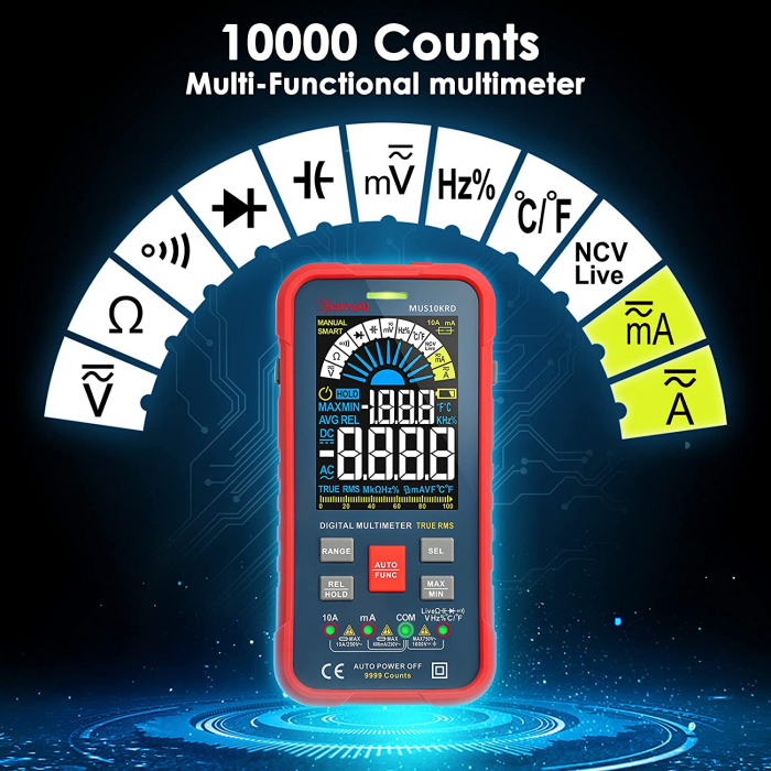 Multimetru digital AstroAI MUS10KRD, 10000 Counts, Smart Auto, TRMS Auto-Ranging, Display Color, Masurare continuitate, Temperatura, Geanta transport [4]