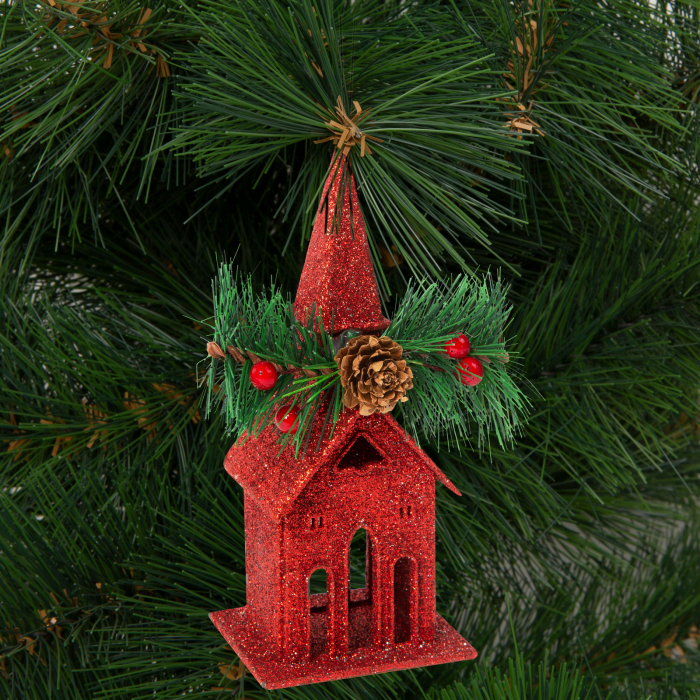 Ornament de brad cu agățătoare - biserică - 16 x 6.5 cm - roșie [2]