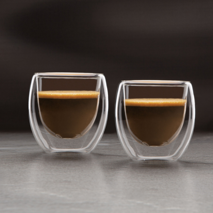 Pahar de sticla borosilicalata cu perete dublu pentru ceai, cafea sau capucino - 80 ml - 2 buc/cutie [1]