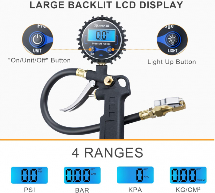 Manometru digital umflat roti AstroAI 250 PSI, Afisaj Digital, Furtun 1 4,  Accesorii incluse [6]