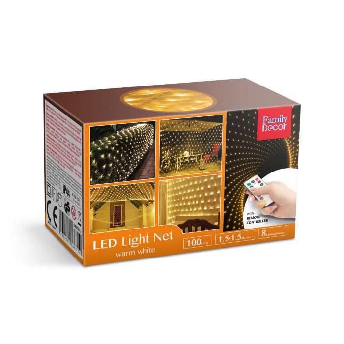 Plasă luminoasă LED - 100 LEDuri alb-cald - 1.5 x 1.5 m - 230V - cu telecomandă [5]