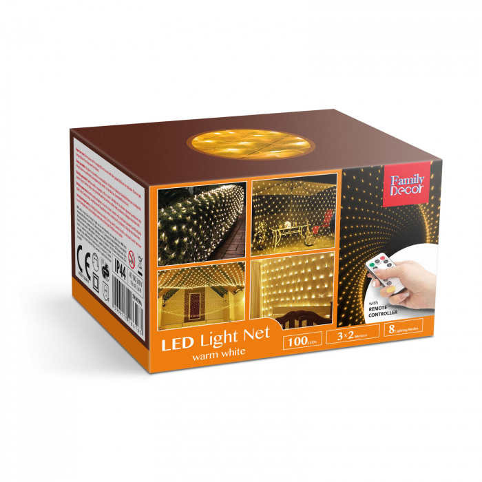 Plasă luminoasă LED - 190 LEDuri alb-calde - 3 x 2 m - 230V - cu telecomandă, 8 moduri iluminare [5]