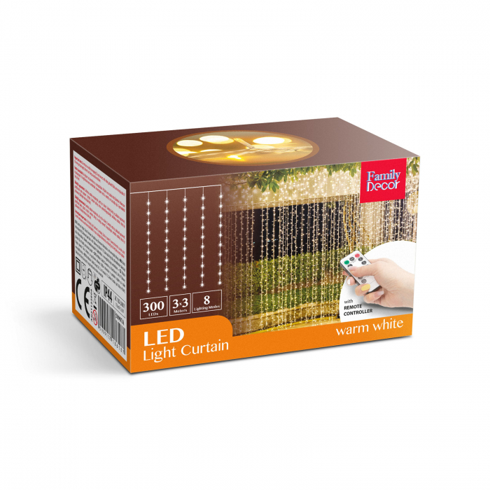 Plasă luminoasă LED cu 300 LEDuri - 3 x 3 m, alb cald, cu telecomanda, 8 moduri iluminare - 230V [5]