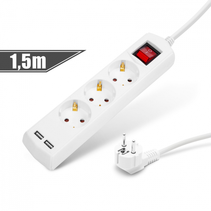 Prelungitor 3 - 3 x 1,5 mm - 1,5 m - cu 2 x USB - cu buton [1]