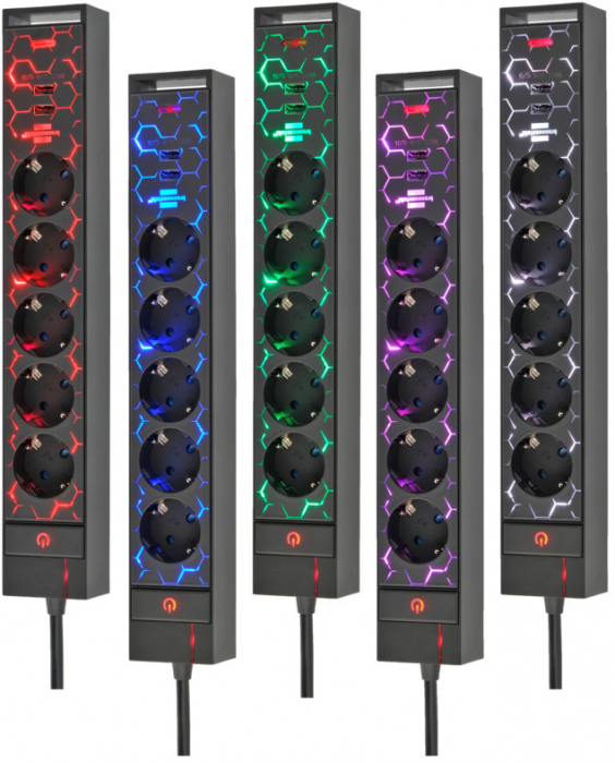 Prelungitor Brennenstuhl Gaming GSL 05 USB, 5 prize, 2 USB, 2.4A, Iluminare LED, 1,5m Buton On Off, Incarcare rapida [2]
