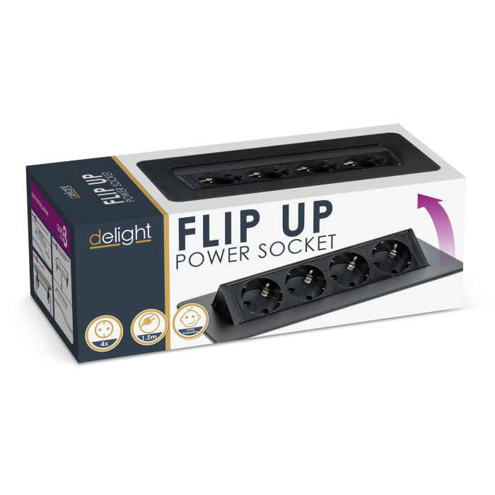 Prelungitor încastrat – 4 prize – tip „flip-up” – negru mat [7]
