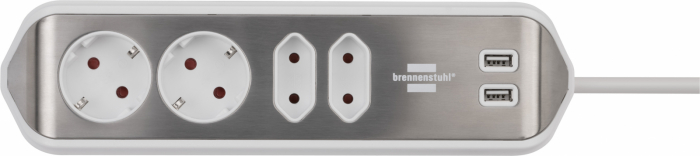 Prelungitor pentru perete colt Brennenstuhl Estilo 4 prize, 2 USB, 3.1 A, 2m Inox, Adeziv inclus, Argintiu-Alb [4]